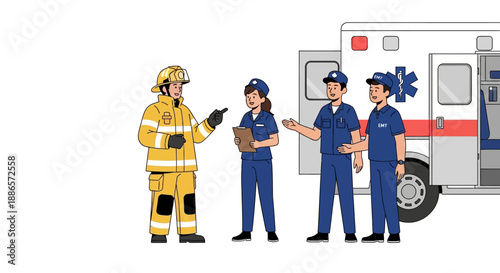 Cartoon firefighters and paramedics discussing emergency response plan