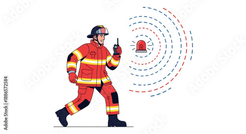 Firefighter communicating via radio with emergency signal illustration