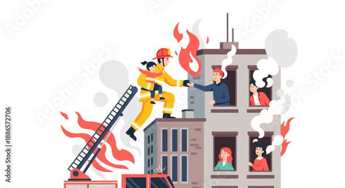 Illustration of firefighter rescuing people from burning building