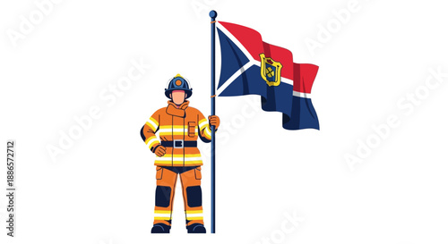 Illustration of firefighter in uniform holding a flag