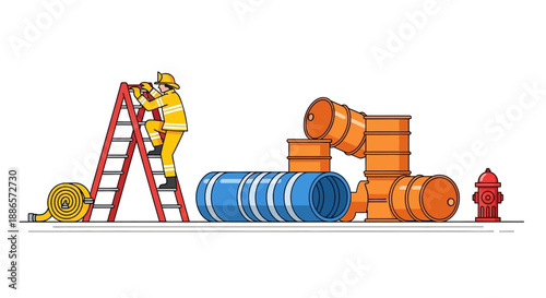 Firefighter climbing ladder near barrels and fire hydrant in vector illustration