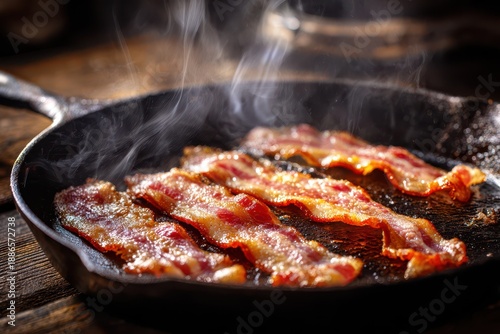 Sizzling bacon strips browning in a hot skillet, warm kitchen lighting