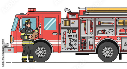 Firefighter inspecting equipment on a detailed fire truck illustration