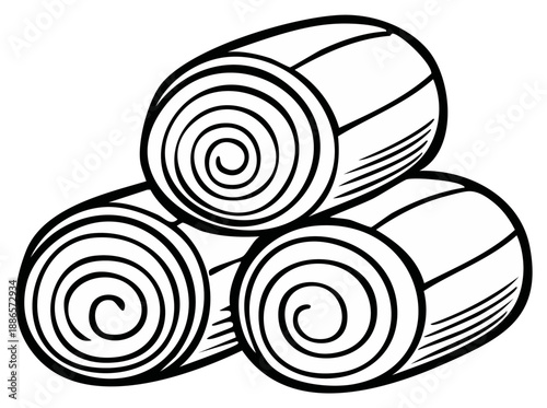 Three stacked rolled bales with spiral ends black and white vector line art illustration