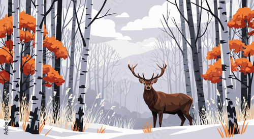 Vector illustration of a majestic deer in a serene snowy birch forest with vibrant autumn leaves, a tranquil winter wilderness landscape artwork