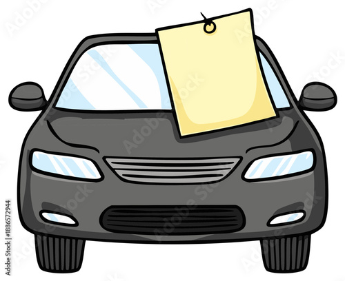 Cartoon car with a pinned note on windshield, vehicle for sale, auto classified