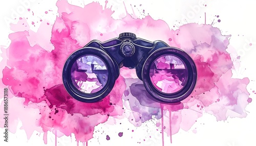 Binoculars on a pink watercolor background, artistic vision.