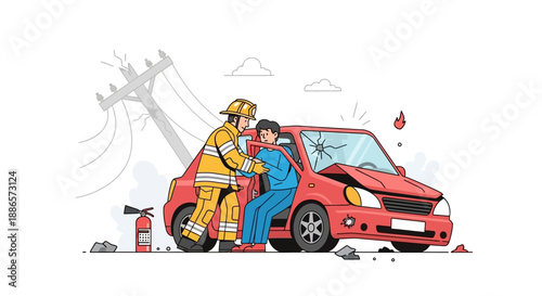 Firefighter Extinguishing Kitchen Fire in Modern Illustration