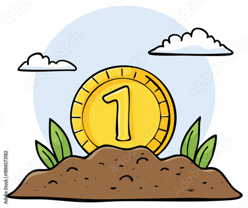 Investment and savings concept illustrated by a gold coin with the number one growing in the soil