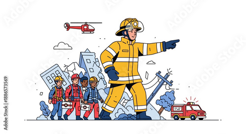 Firefighter Extinguishing Kitchen Fire in Modern Illustration