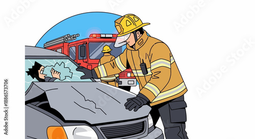 Firefighter Extinguishing Kitchen Fire in Modern Illustration