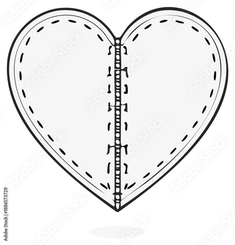Simple graphic heart shape divided by a zipper with stitched outline