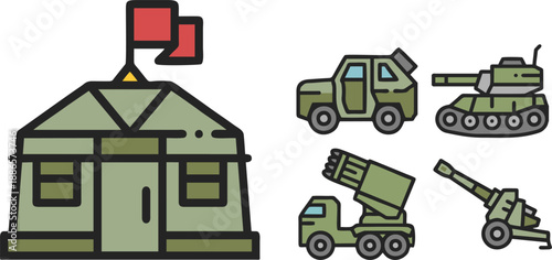 Army Military Camp and War Vehicle Vector Set