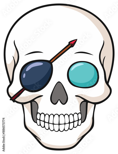 Stylized Cartoon Skull Character with an Arrow Eyepatch and Turquoise Eye