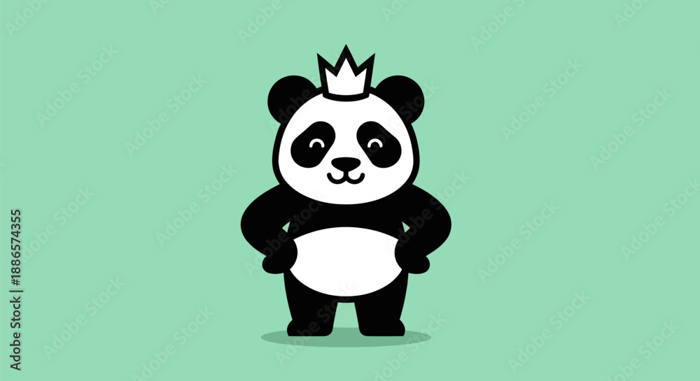 Fototapeta premium Cartoon panda with crown on green backdrop
