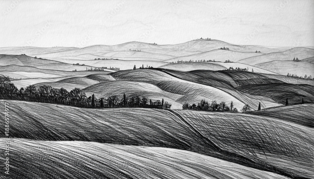 Fototapeta premium Monochrome Rolling Hills Landscape with Distant Valleys.