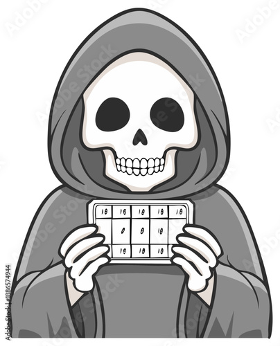 Cartoon Grim Reaper Holding Scorecard With Numbers and Xs