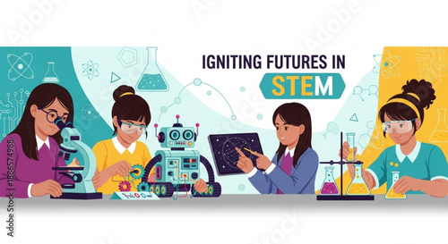 Four diverse girls engaging in stem education with robot and lab equipment