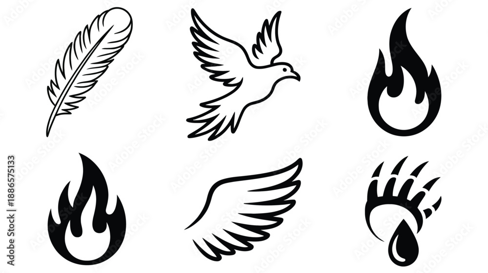 Obraz premium Black and white of feather bird wing flames and bear paw