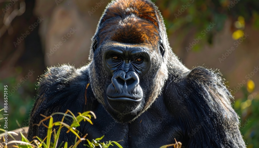 Obraz premium Intense gaze of a silverback gorilla in its natural habitat.