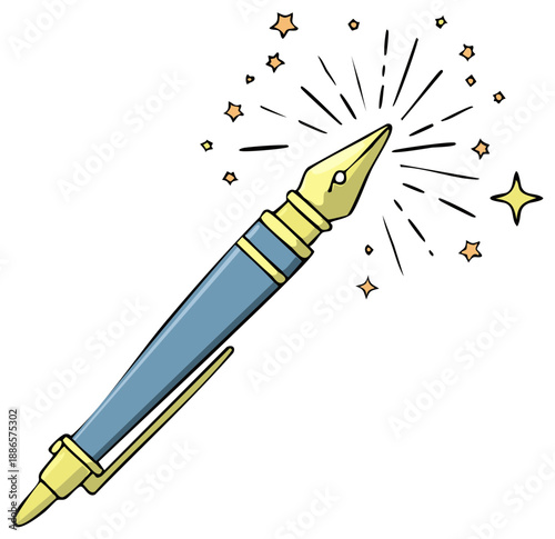 Stylized illustration of a magic fountain pen with sparkling stars and lines emanating from its tip
