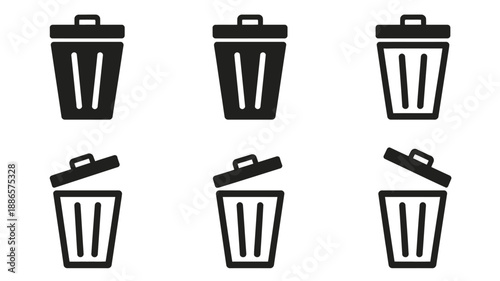 Black trash cans with lids open and closed bins waste