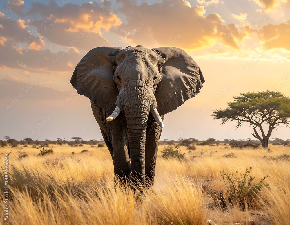 Obraz premium Majestic African Elephant Strolling Through the Golden Savannah.