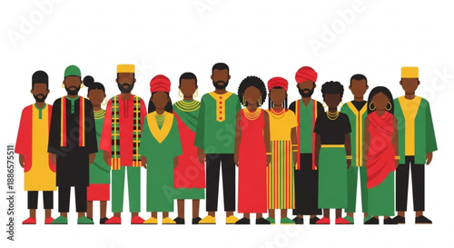 Diverse group of people wearing traditional african clothing standing together in unity and celebration