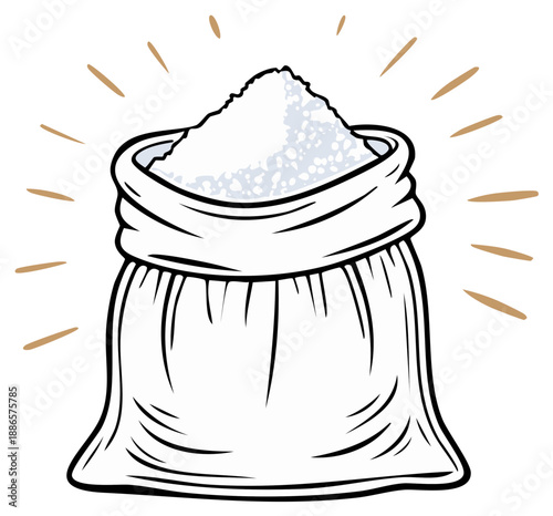 Cartoon bag of sugar with rays of light, food ingredient illustration