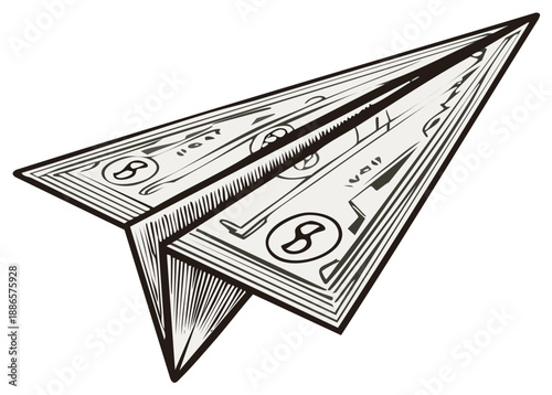 Money themed paper airplane soars in sketched grayscale design, conveying ideas of finance, flight, and aspiration in vector art