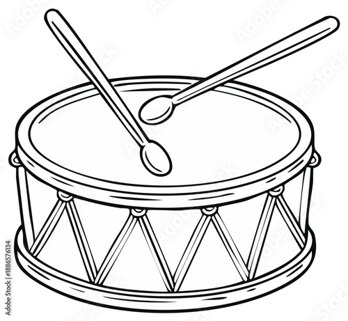 Hand drawn drum with drumsticks for coloring book activity or musical instrument illustration in cartoon style art line design