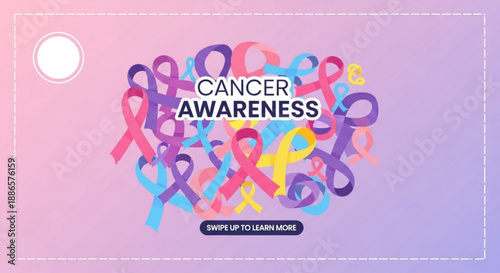 Vibrant cancer awareness ribbons in purple pink blue and yellow on gradient background