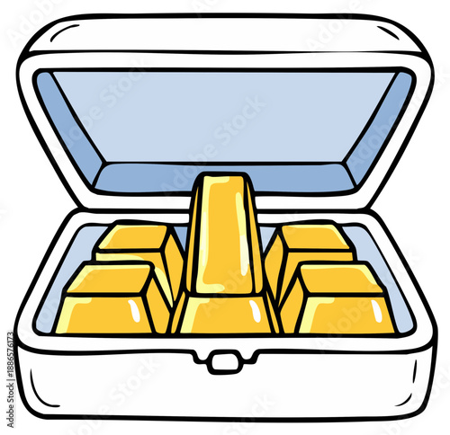 Cartoon Style Gold Bars in Container, Stacks of Bullion Treasure inside Treasure Box