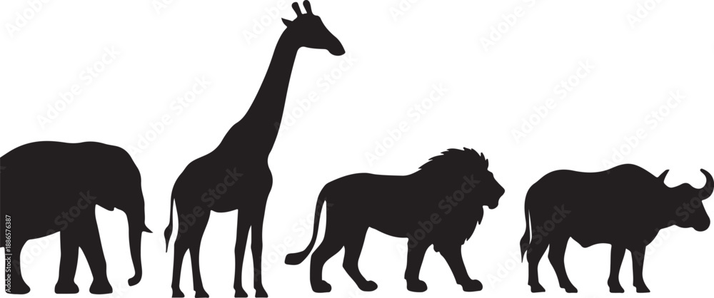 Naklejka premium African Safari Animals Silhouette – Elephant, Giraffe, Lion and Buffalo