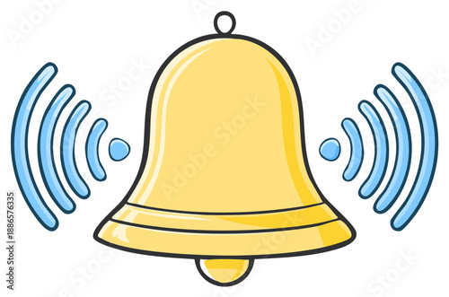 Gold bell ringing with sound waves, vector cartoon style illustration on white