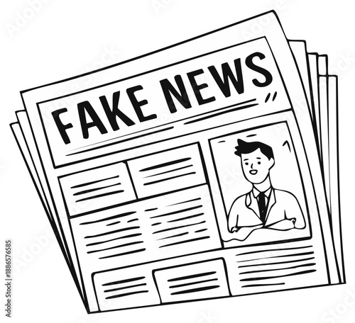 Illustration of a newspaper with the headline 'Fake News' and cartoon man.