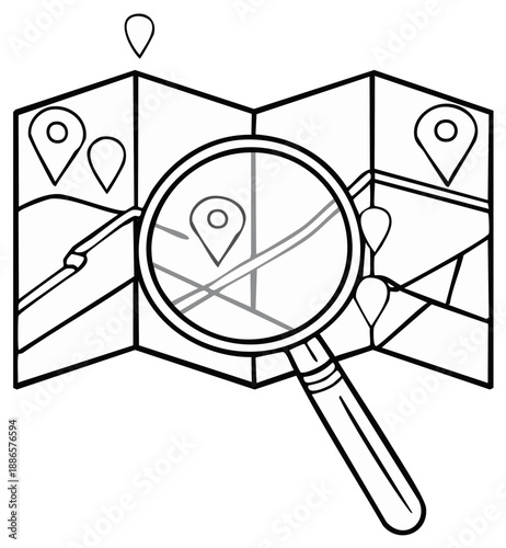 Magnifying glass examining a map with location markers, concept for travel, exploration, or navigation.
