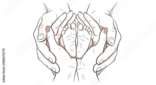 newborn baby feet in mother hands line art/ baby care and mothers love concept/ Close up of newborn baby feet on female hands vector art on copy space white background 