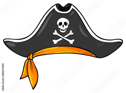 Classic black pirate hat with skull and crossbones and orange bandana cartoon illustration