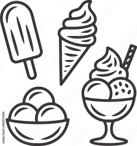 Monochromatic style of assorted ice cream treats popsicle cone sundae
