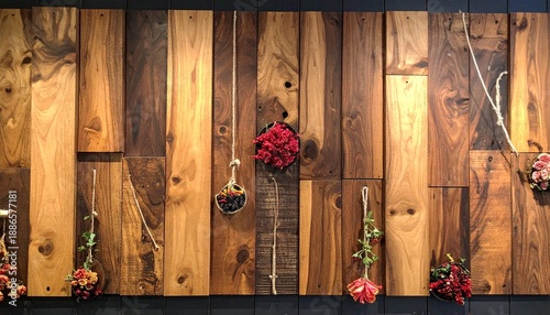 Rustic wooden wall with decorative hanging floral arrangements and textures