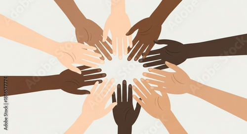 Diverse hands coming together in unity and cooperation on white background