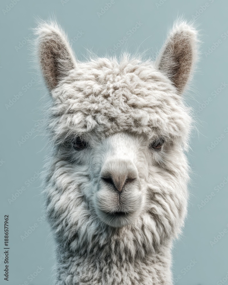 Naklejka premium alpaca close-up but minimal, clean background, modern ad 