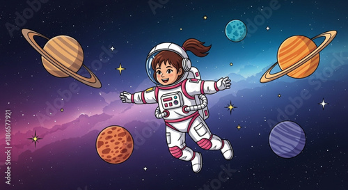 Little girl astronaut floats in space with planets and stars