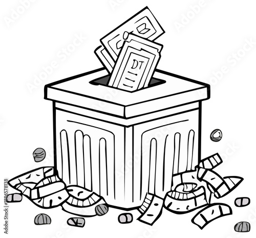 Line Art of Suggestion Box with Cards and Confetti, Elections, Voting, Participation, Ballot Box