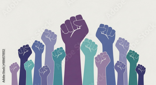 Diverse hands raised in solidarity and protest with fists clenched
