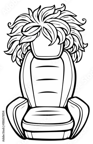 Surreal black and white line art of a modern car seat sprouting lush foliage