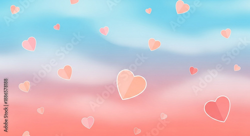 Pastel hearts float in a serene blue pink and purple gradient sky