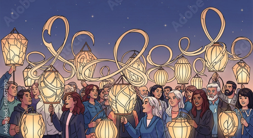 Diverse crowd holding glowing lanterns at dusk with swirling ribbons in night sky