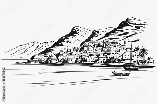 Kotor bay and old town sketch illustration vector